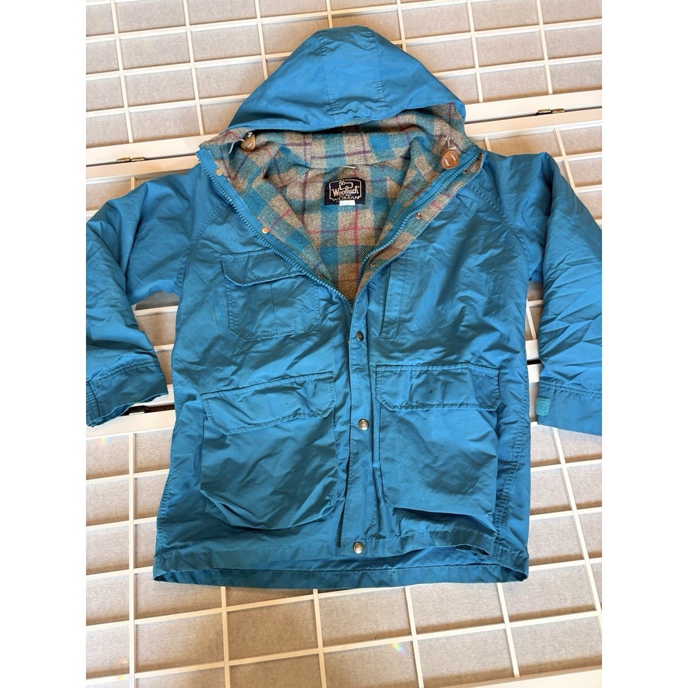 VTG Woolrich Woman Bright Blue Coat Parka Plaid Lined Chore Field‎ Jacket Sz L